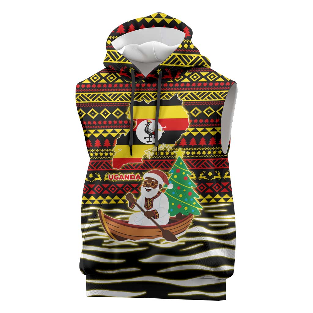 Uganda Christmas Sleeveless Hoodie with Santa in Canoe Christmas Tree Uganda Map Flag and Black Red Yellow Tribal Pattern Design - Wonder Print Shop