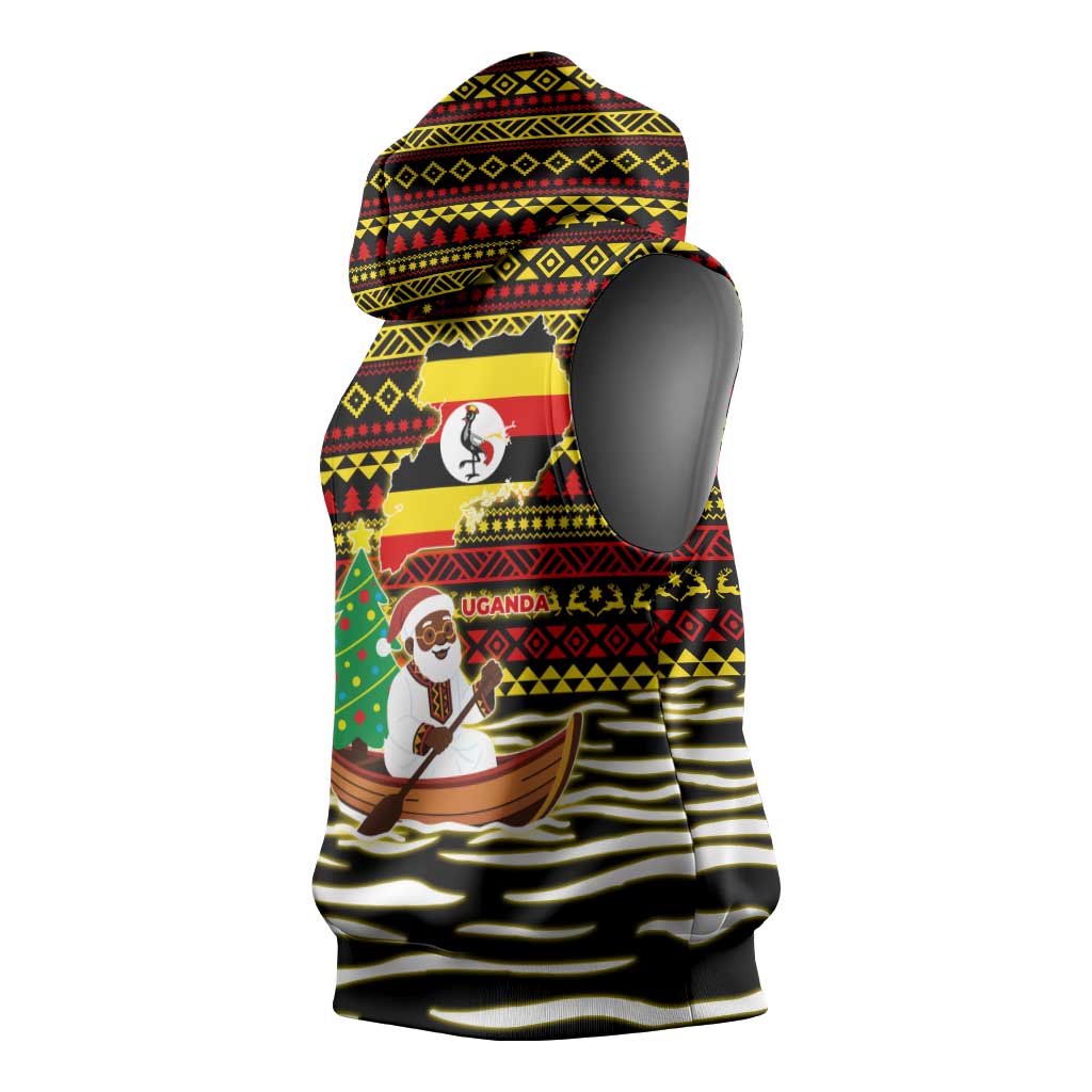 Uganda Christmas Sleeveless Hoodie with Santa in Canoe Christmas Tree Uganda Map Flag and Black Red Yellow Tribal Pattern Design - Wonder Print Shop