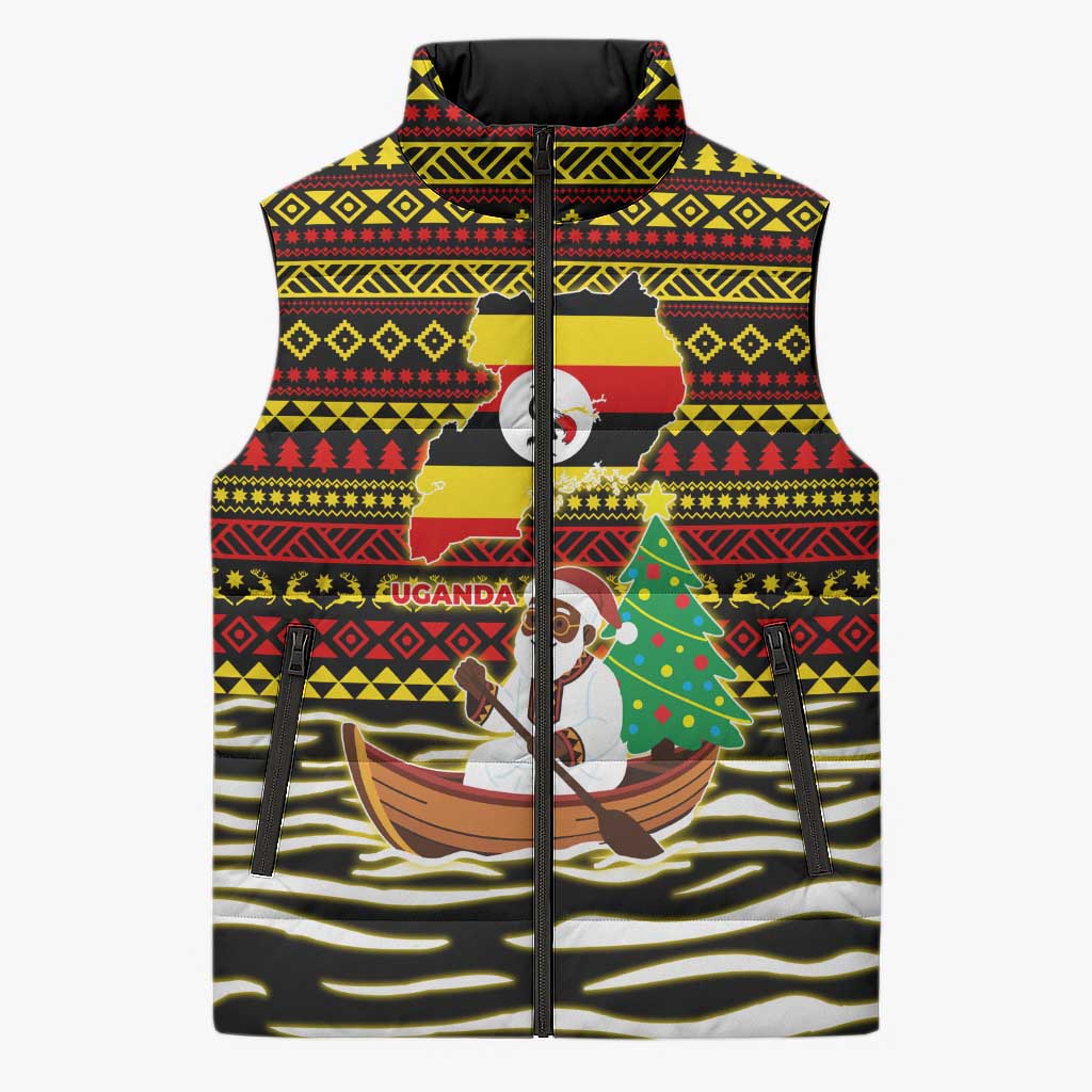 Uganda Christmas Sleeveless Puffer Jacket with Santa in Canoe Christmas Tree Uganda Map Flag and Black Red Yellow Tribal Pattern Design - Wonder Print Shop