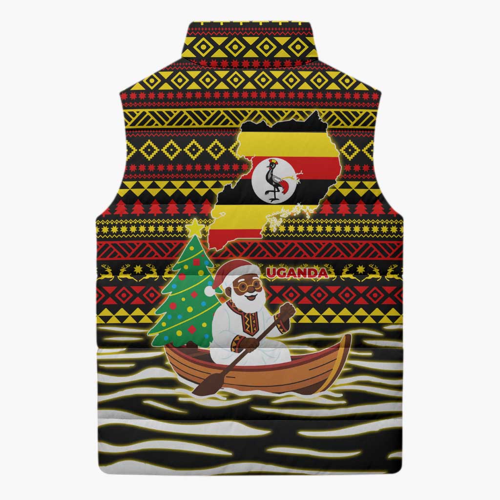 Uganda Christmas Sleeveless Puffer Jacket with Santa in Canoe Christmas Tree Uganda Map Flag and Black Red Yellow Tribal Pattern Design - Wonder Print Shop