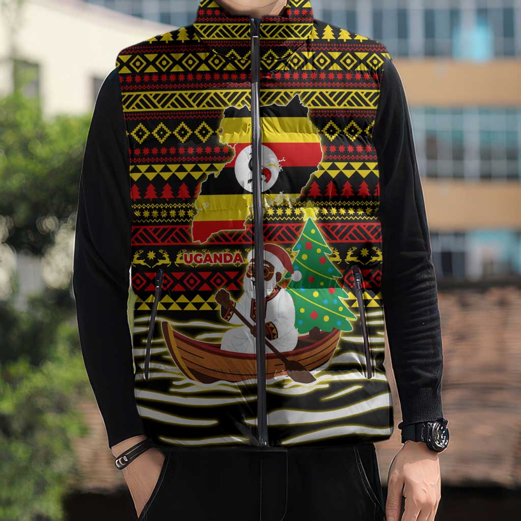 Uganda Christmas Sleeveless Puffer Jacket with Santa in Canoe Christmas Tree Uganda Map Flag and Black Red Yellow Tribal Pattern Design - Wonder Print Shop
