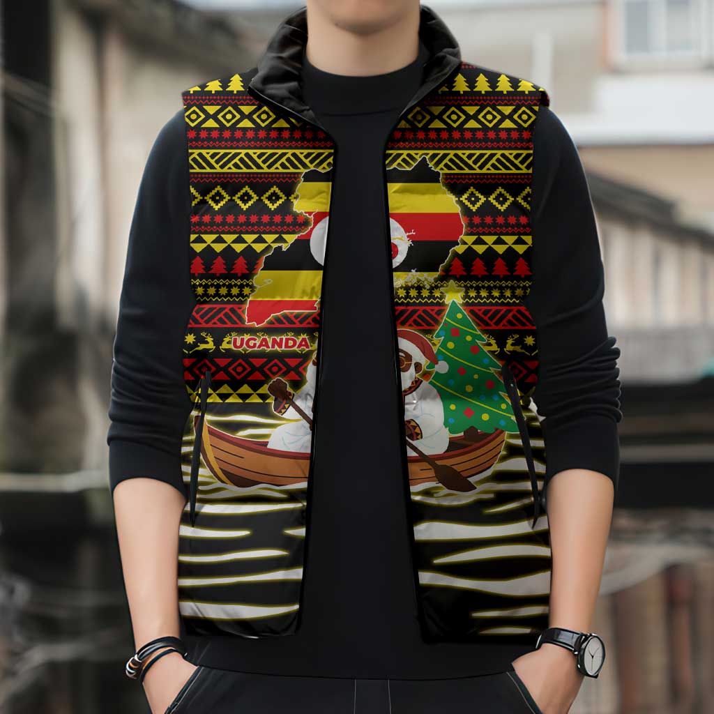 Uganda Christmas Sleeveless Puffer Jacket with Santa in Canoe Christmas Tree Uganda Map Flag and Black Red Yellow Tribal Pattern Design - Wonder Print Shop
