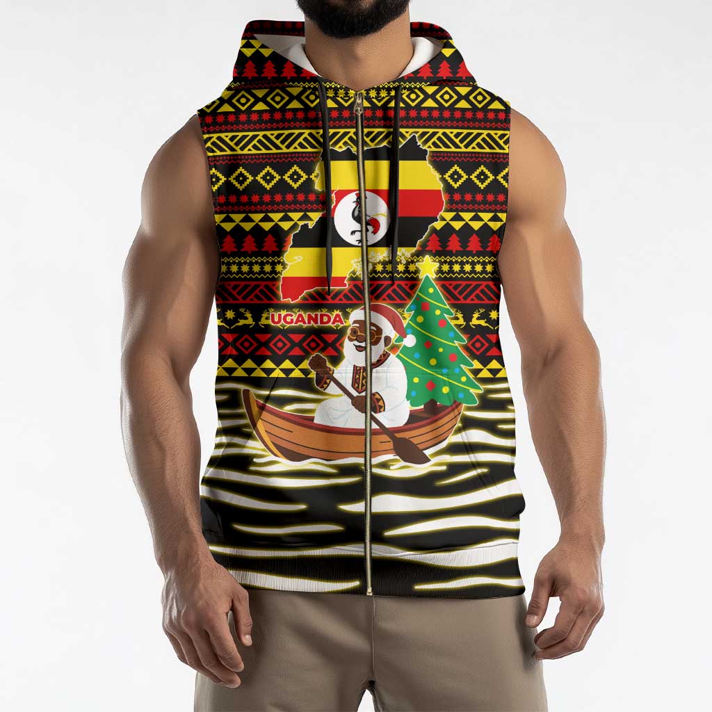Uganda Christmas Sleeveless Zip Hoodie with Santa in Canoe Christmas Tree Uganda Map Flag and Black Red Yellow Tribal Pattern Design - Wonder Print Shop