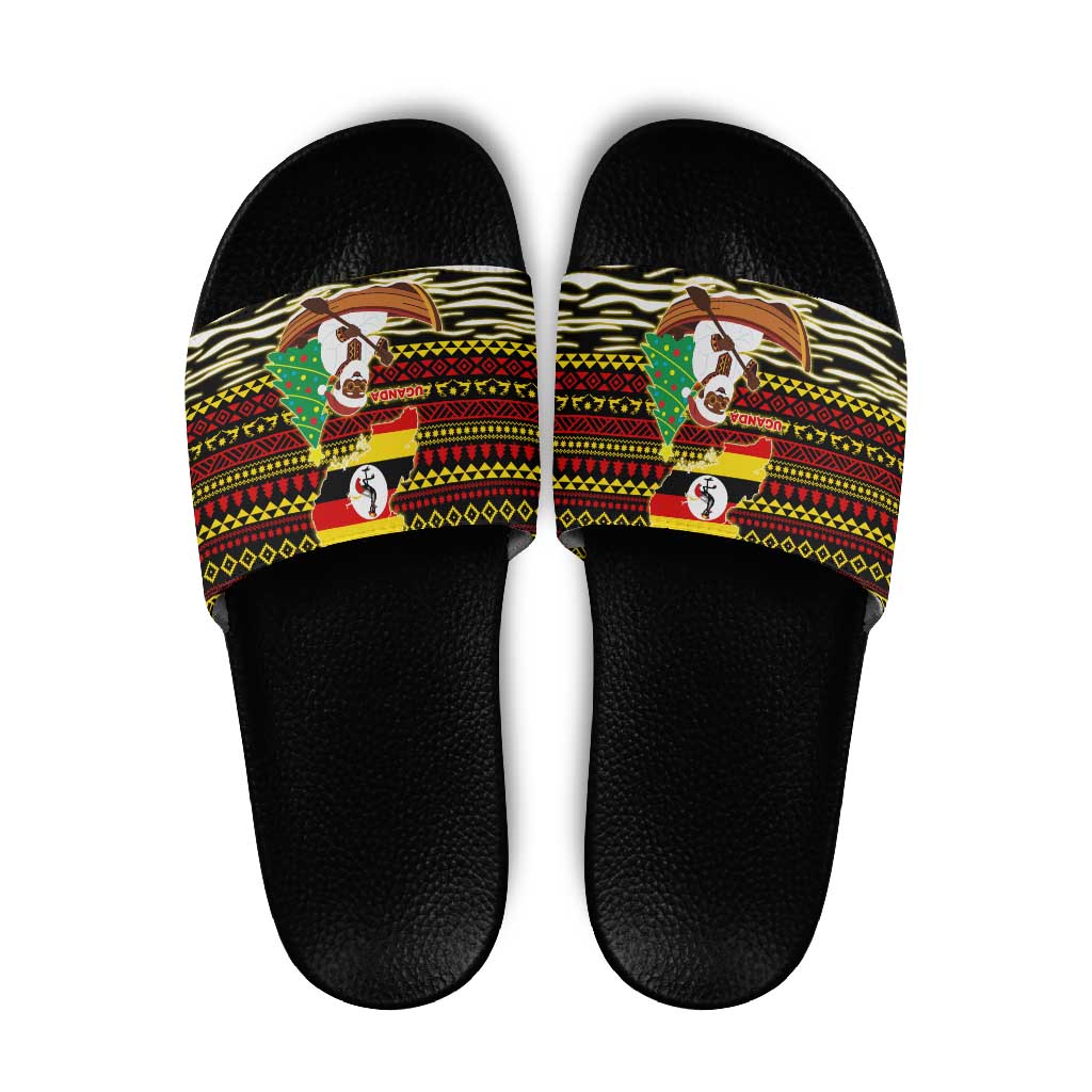 Uganda Christmas Slide Sandals with Santa in Canoe Christmas Tree Uganda Map Flag and Black Red Yellow Tribal Pattern Design - Wonder Print Shop