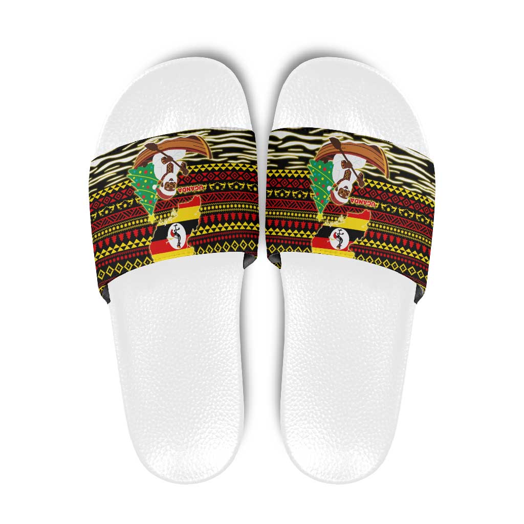 Uganda Christmas Slide Sandals with Santa in Canoe Christmas Tree Uganda Map Flag and Black Red Yellow Tribal Pattern Design - Wonder Print Shop