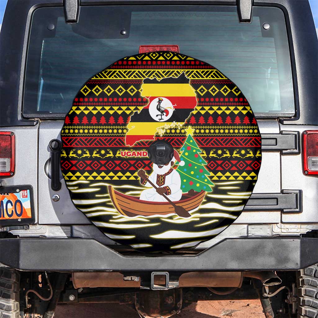 Uganda Christmas Spare Tire Cover with Santa in Canoe Christmas Tree Uganda Map Flag and Black Red Yellow Tribal Pattern Design - Wonder Print Shop