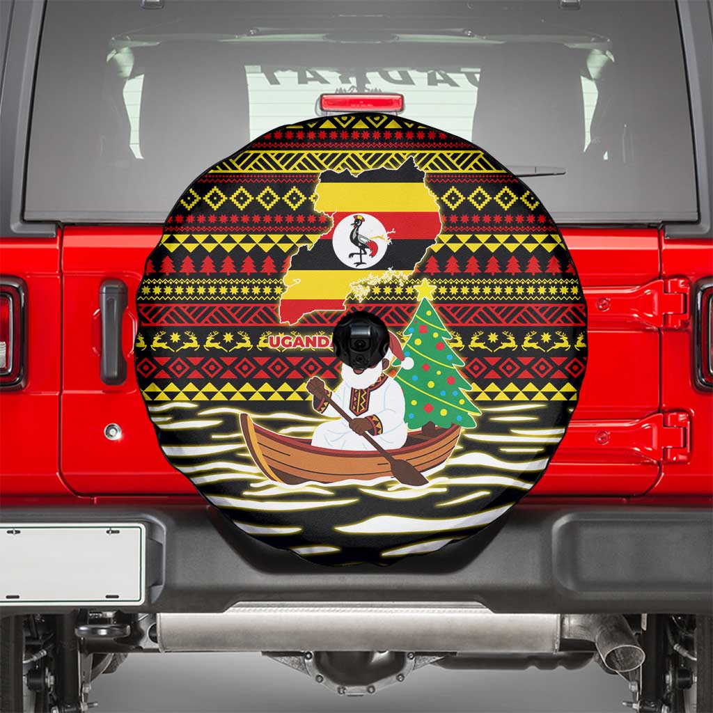 Uganda Christmas Spare Tire Cover with Santa in Canoe Christmas Tree Uganda Map Flag and Black Red Yellow Tribal Pattern Design - Wonder Print Shop