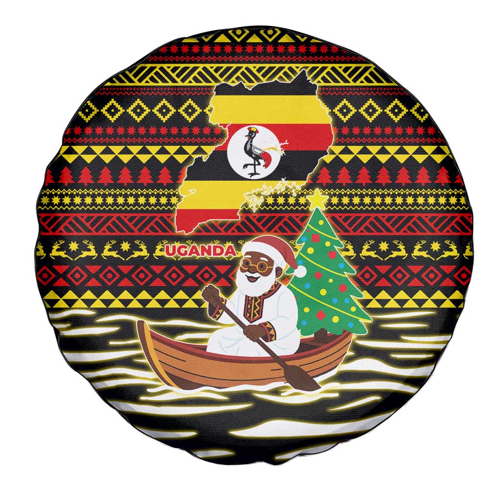 Uganda Christmas Spare Tire Cover with Santa in Canoe Christmas Tree Uganda Map Flag and Black Red Yellow Tribal Pattern Design - Wonder Print Shop