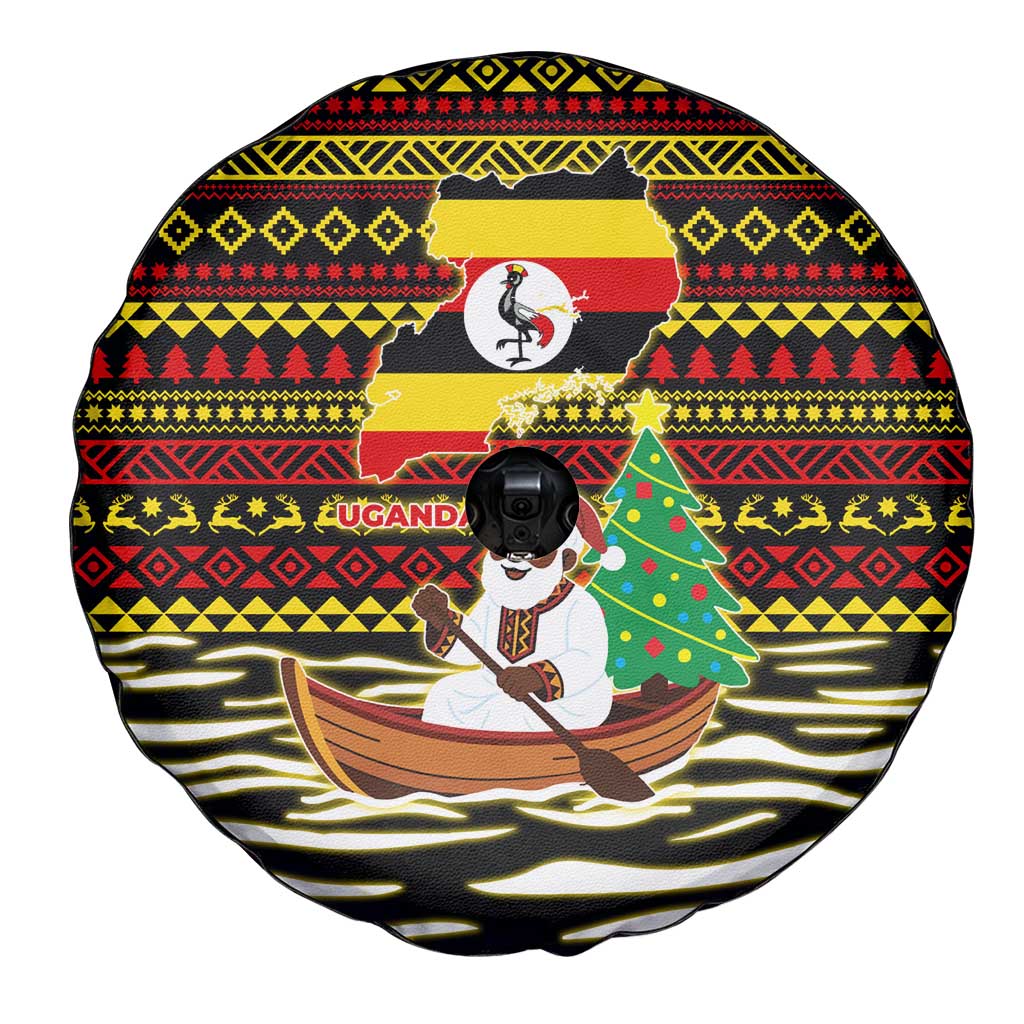 Uganda Christmas Spare Tire Cover with Santa in Canoe Christmas Tree Uganda Map Flag and Black Red Yellow Tribal Pattern Design - Wonder Print Shop
