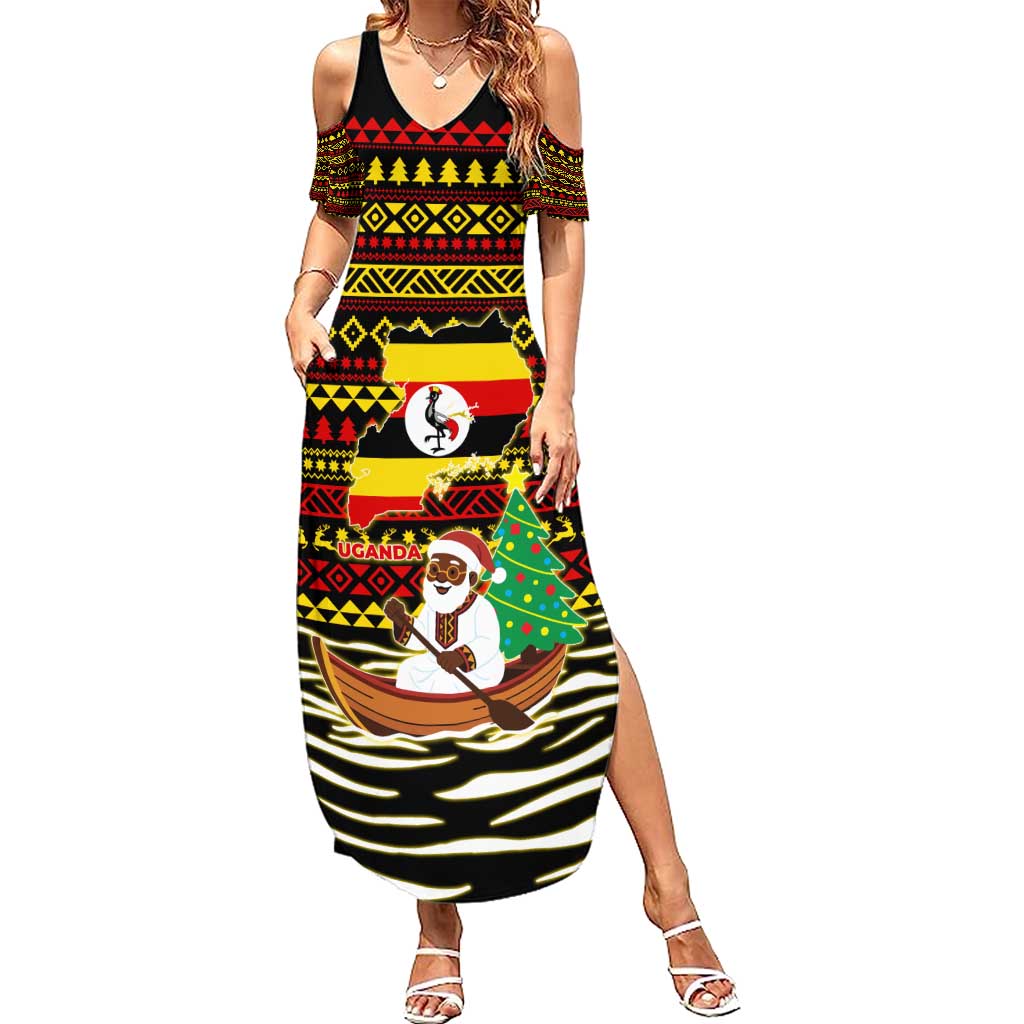 Uganda Christmas Summer Maxi Dress with Santa in Canoe Christmas Tree Uganda Map Flag and Black Red Yellow Tribal Pattern Design - Wonder Print Shop