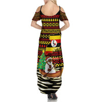 Uganda Christmas Summer Maxi Dress with Santa in Canoe Christmas Tree Uganda Map Flag and Black Red Yellow Tribal Pattern Design - Wonder Print Shop