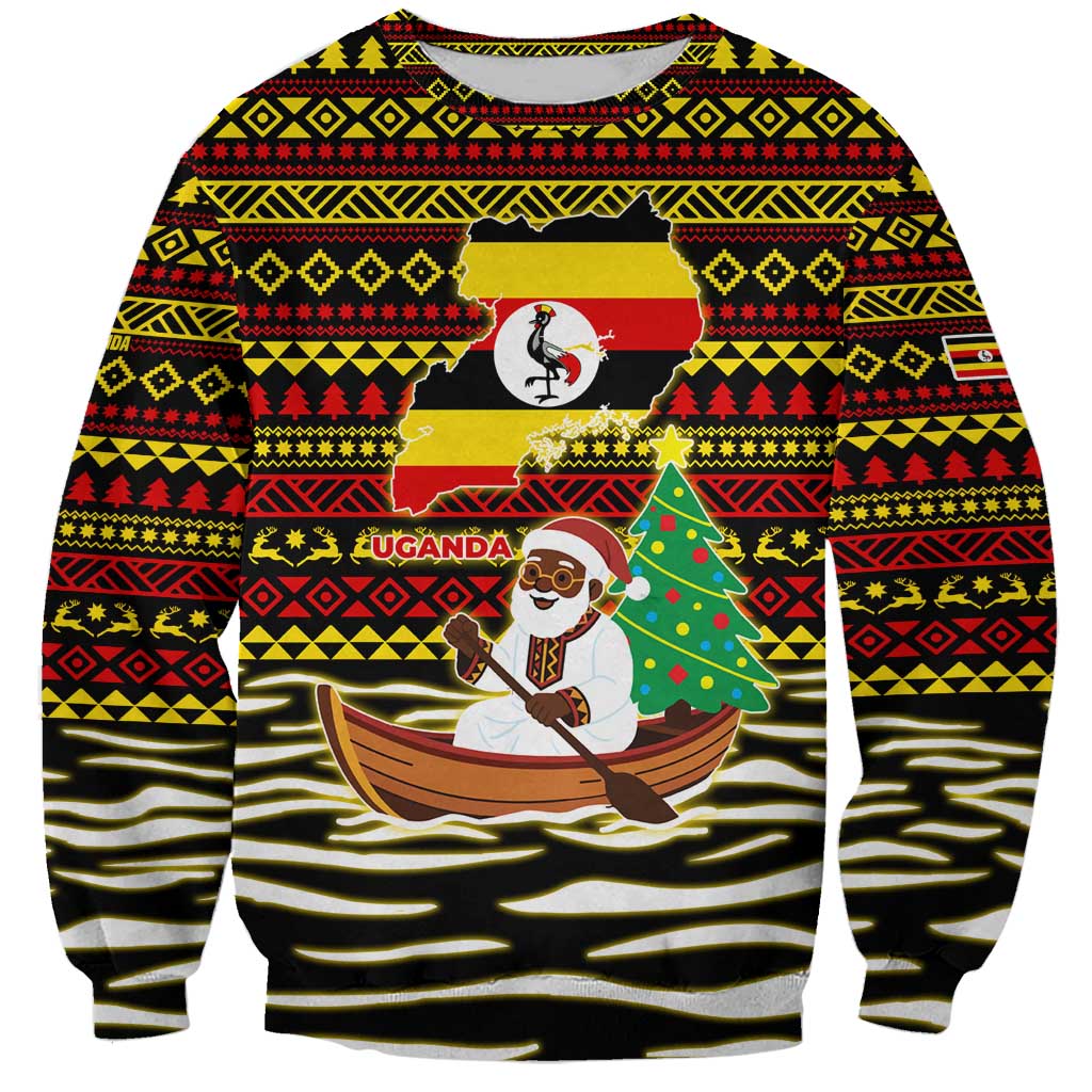 Uganda Christmas Sweatshirt with Santa in Canoe Christmas Tree Uganda Map Flag and Black Red Yellow Tribal Pattern Design - Wonder Print Shop