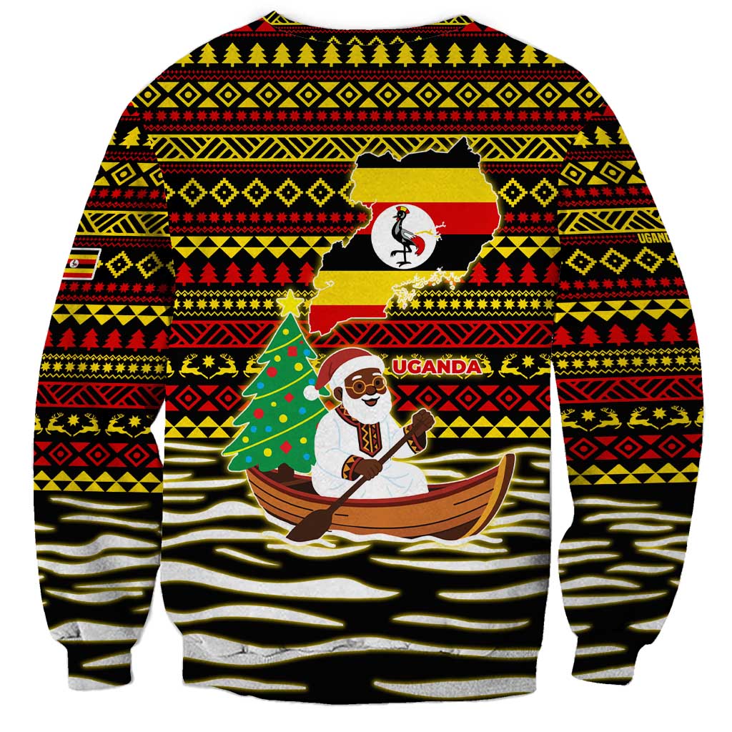 Uganda Christmas Sweatshirt with Santa in Canoe Christmas Tree Uganda Map Flag and Black Red Yellow Tribal Pattern Design - Wonder Print Shop