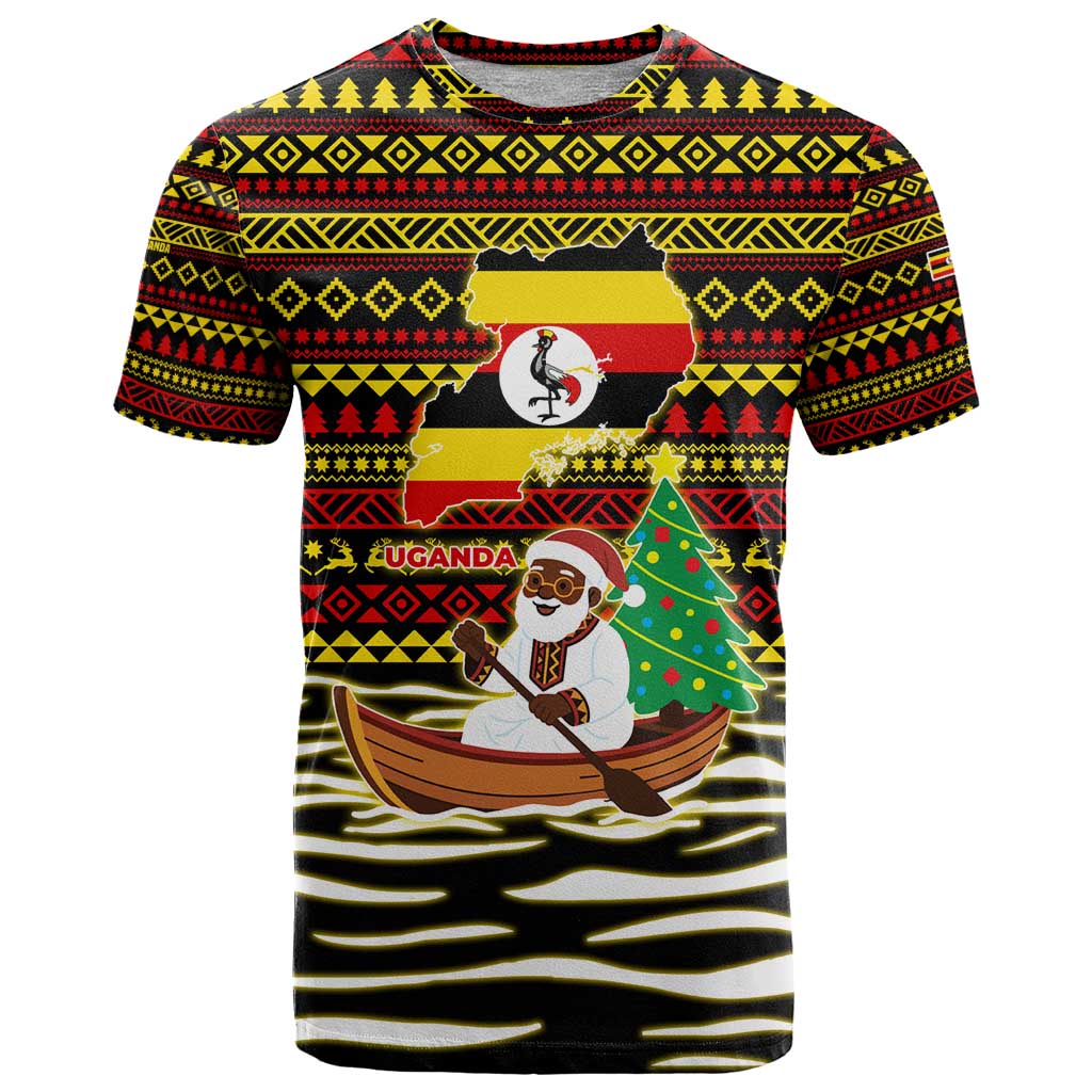 Uganda Christmas T Shirt with Santa in Canoe Christmas Tree Uganda Map Flag and Black Red Yellow Tribal Pattern Design - Wonder Print Shop
