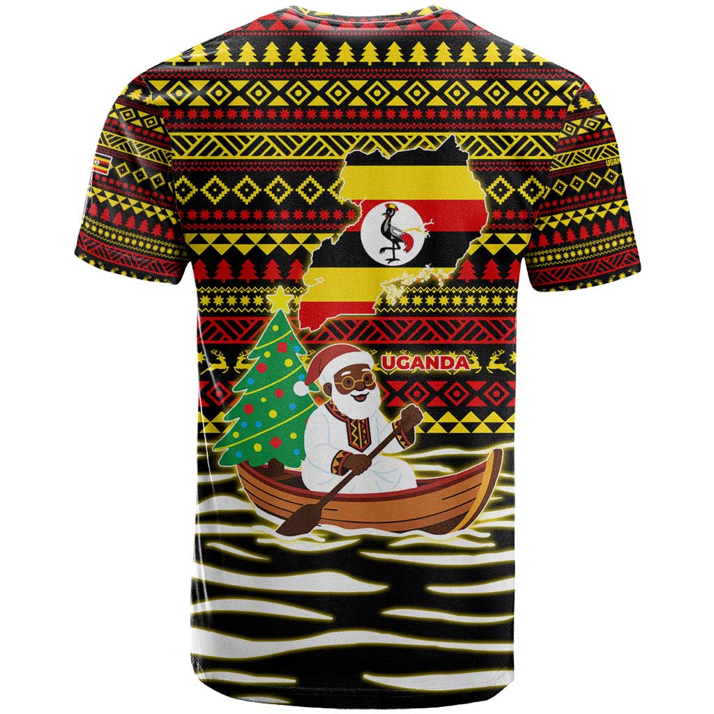 Uganda Christmas T Shirt with Santa in Canoe Christmas Tree Uganda Map Flag and Black Red Yellow Tribal Pattern Design - Wonder Print Shop