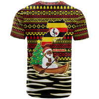 Uganda Christmas T Shirt with Santa in Canoe Christmas Tree Uganda Map Flag and Black Red Yellow Tribal Pattern Design - Wonder Print Shop