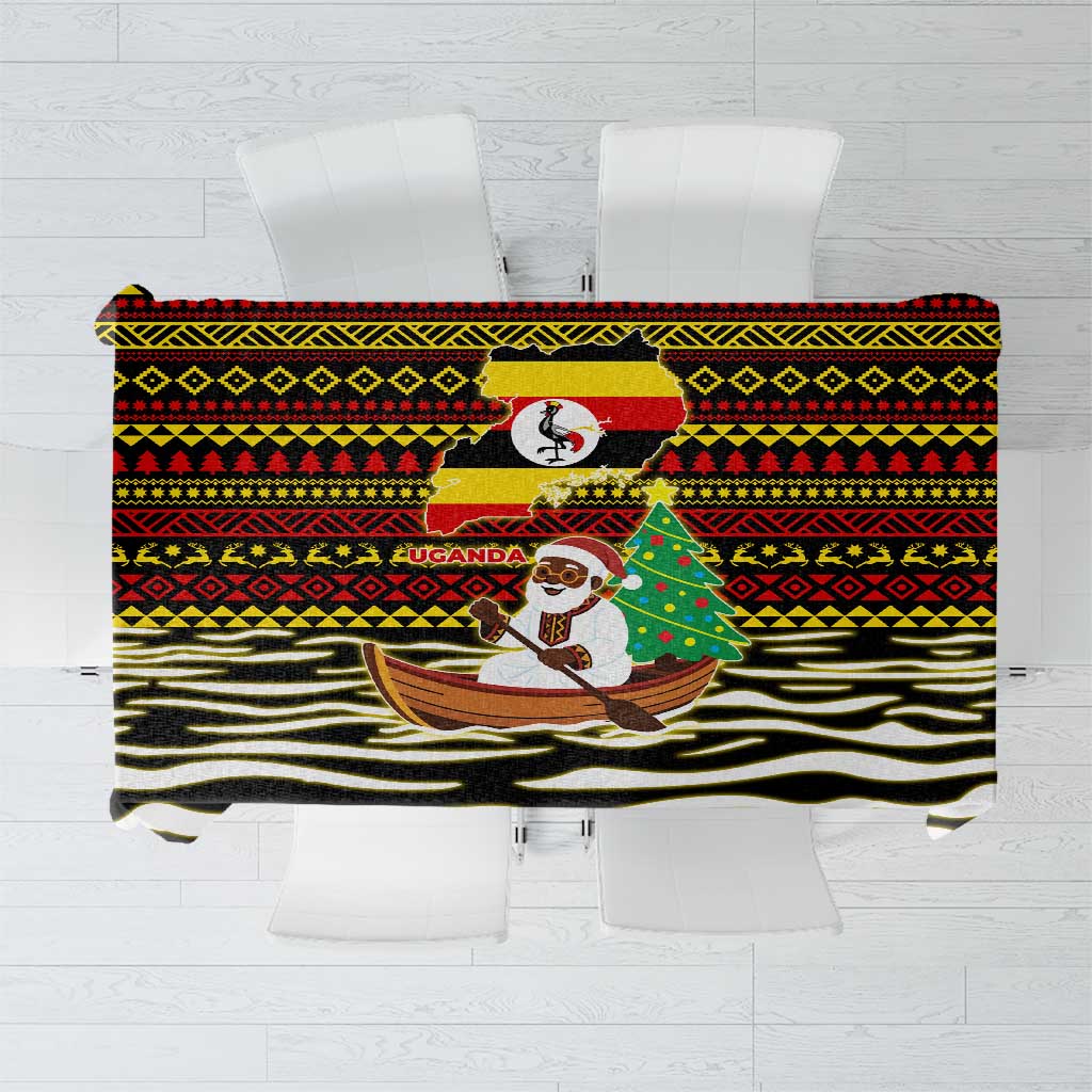 Uganda Christmas Tablecloth with Santa in Canoe Christmas Tree Uganda Map Flag and Black Red Yellow Tribal Pattern Design - Wonder Print Shop