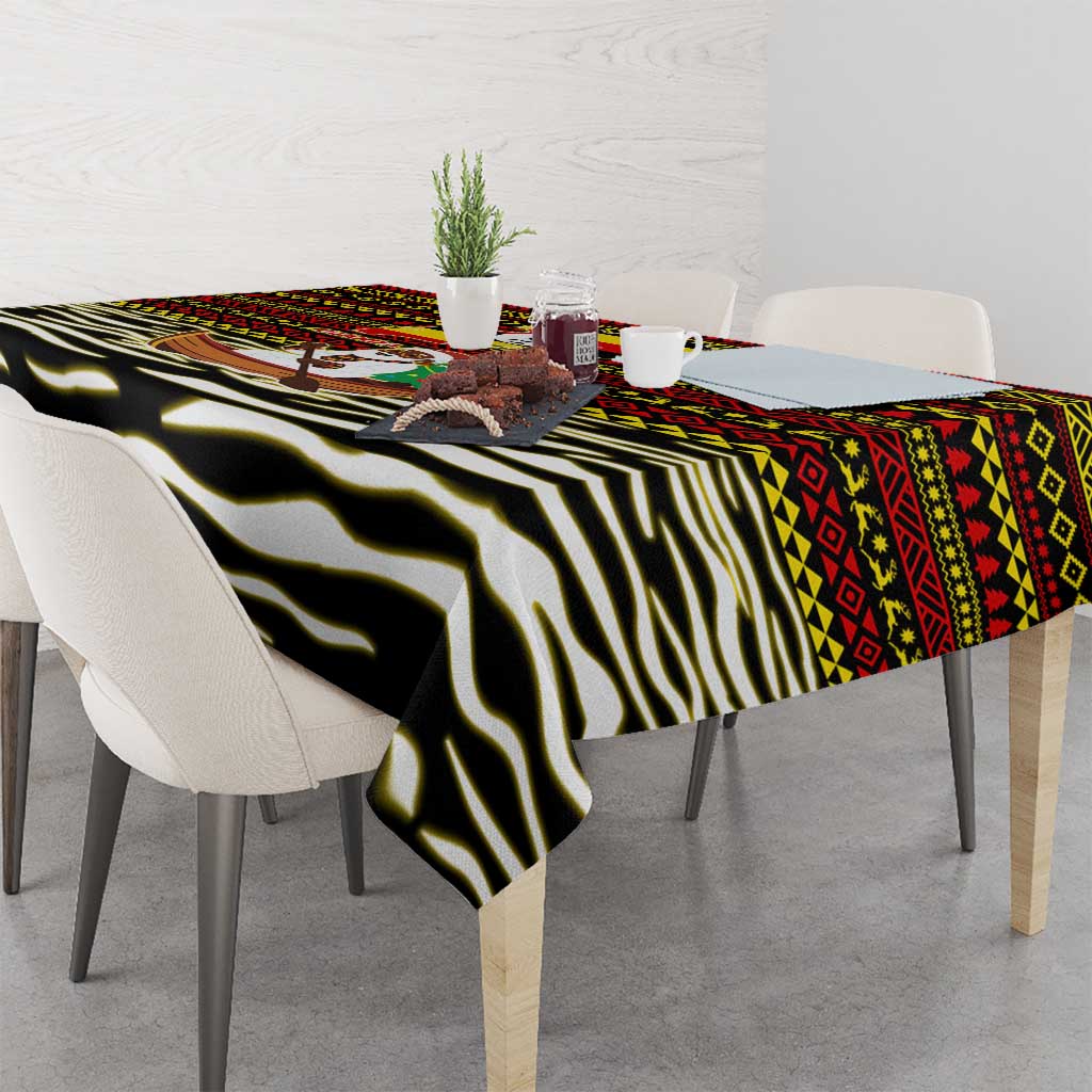 Uganda Christmas Tablecloth with Santa in Canoe Christmas Tree Uganda Map Flag and Black Red Yellow Tribal Pattern Design - Wonder Print Shop