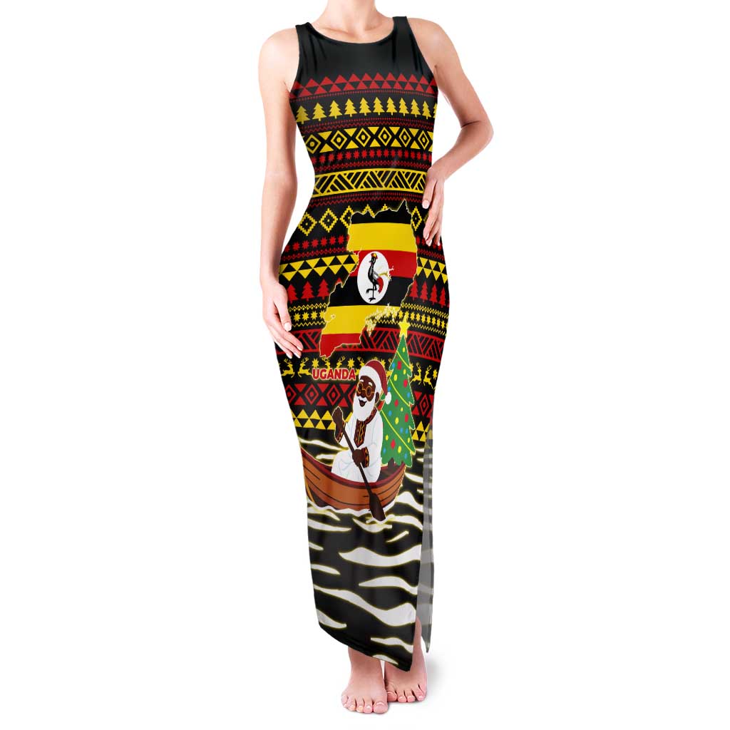 Uganda Christmas Tank Maxi Dress with Santa in Canoe Christmas Tree Uganda Map Flag and Black Red Yellow Tribal Pattern Design - Wonder Print Shop