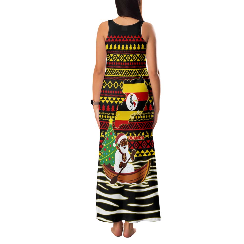 Uganda Christmas Tank Maxi Dress with Santa in Canoe Christmas Tree Uganda Map Flag and Black Red Yellow Tribal Pattern Design - Wonder Print Shop