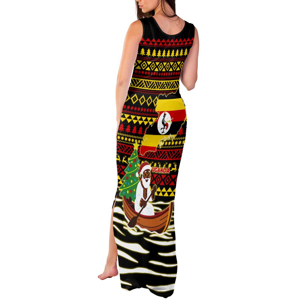 Uganda Christmas Tank Maxi Dress with Santa in Canoe Christmas Tree Uganda Map Flag and Black Red Yellow Tribal Pattern Design - Wonder Print Shop