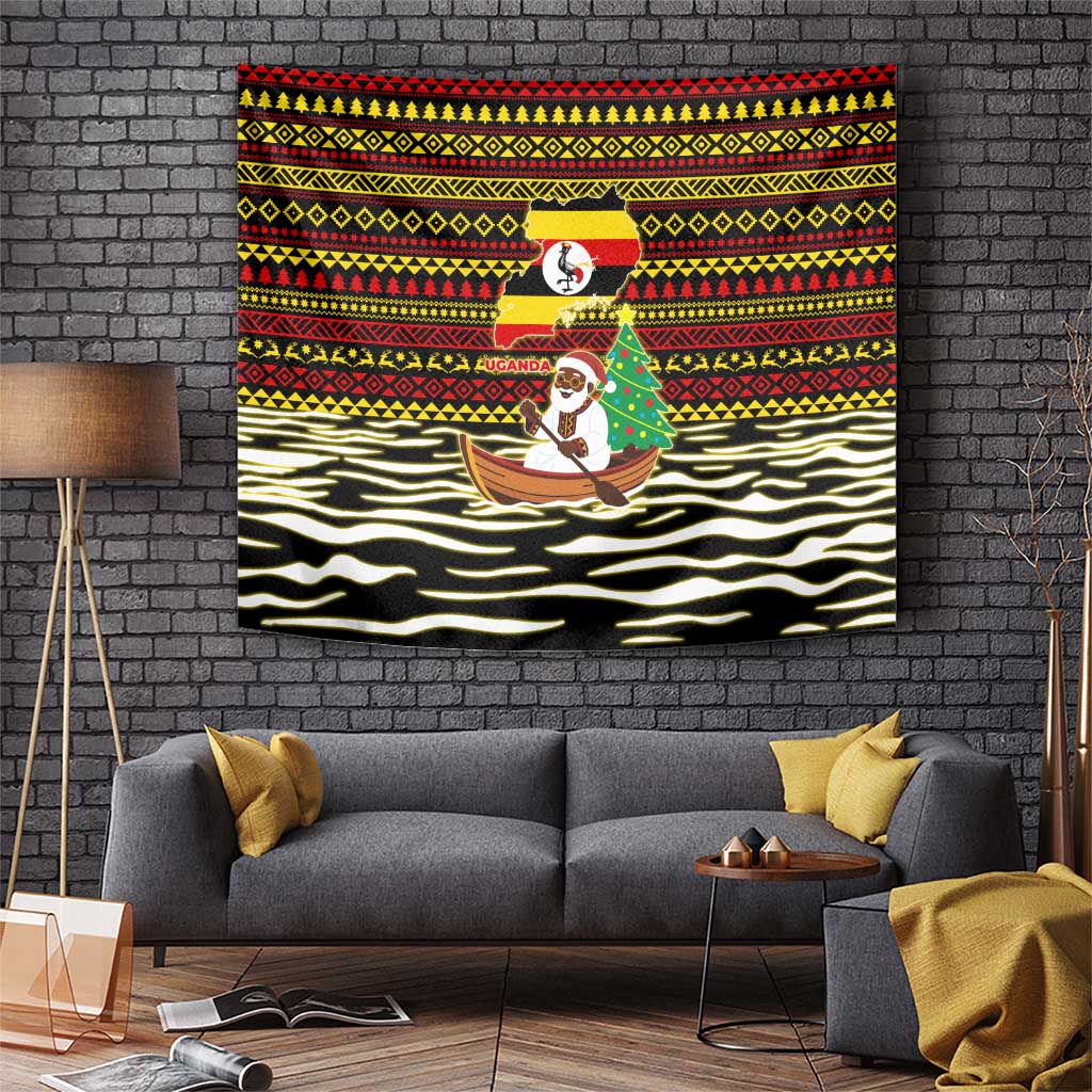 Uganda Christmas Tapestry with Santa in Canoe Christmas Tree Uganda Map Flag and Black Red Yellow Tribal Pattern Design - Wonder Print Shop