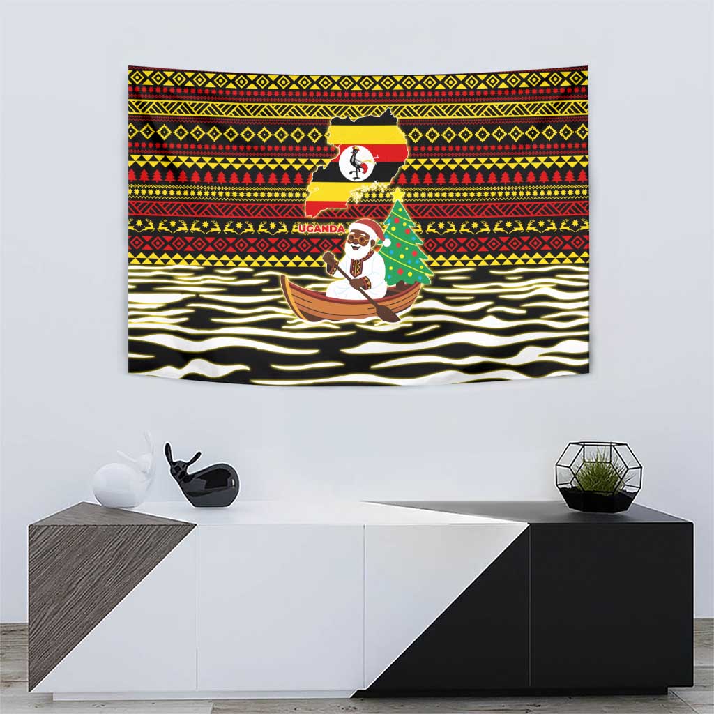 Uganda Christmas Tapestry with Santa in Canoe Christmas Tree Uganda Map Flag and Black Red Yellow Tribal Pattern Design - Wonder Print Shop