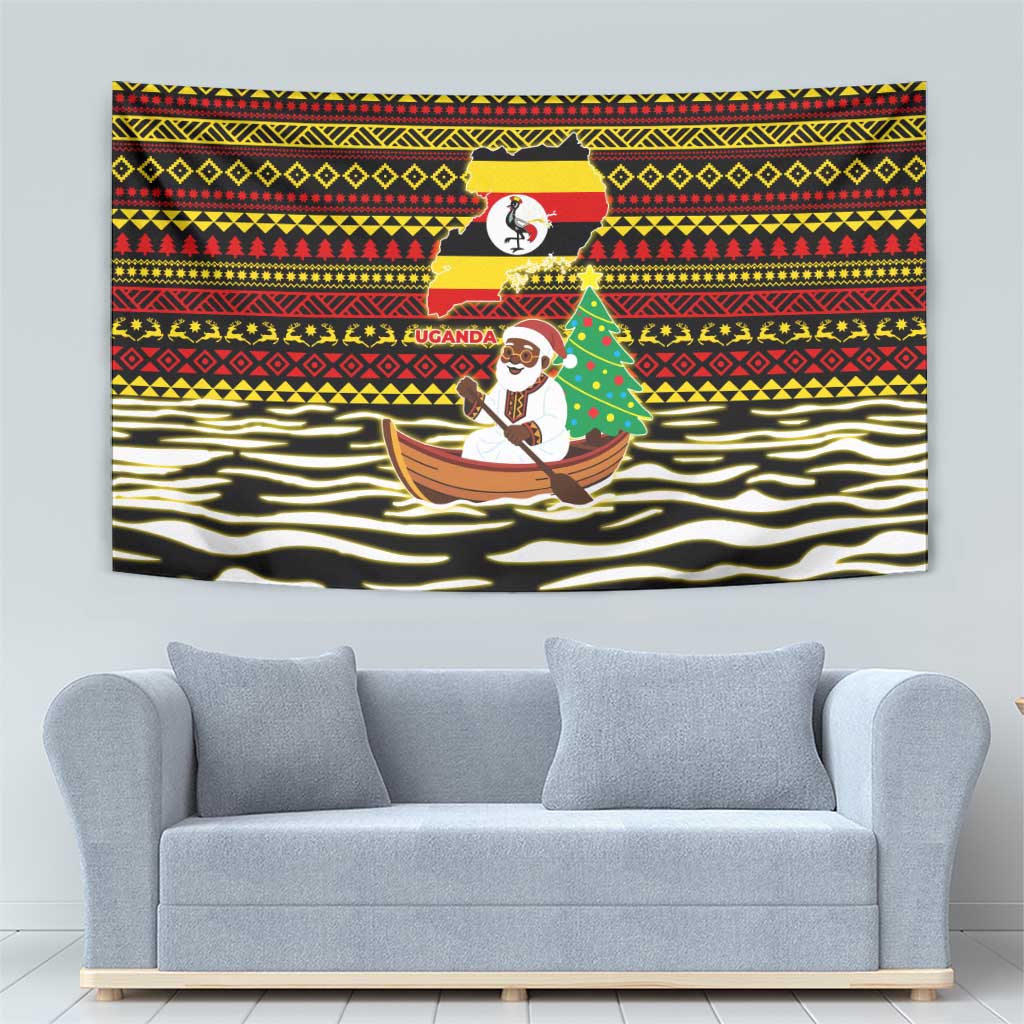 Uganda Christmas Tapestry with Santa in Canoe Christmas Tree Uganda Map Flag and Black Red Yellow Tribal Pattern Design - Wonder Print Shop