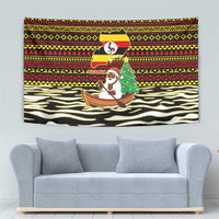Uganda Christmas Tapestry with Santa in Canoe Christmas Tree Uganda Map Flag and Black Red Yellow Tribal Pattern Design - Wonder Print Shop