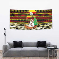 Uganda Christmas Tapestry with Santa in Canoe Christmas Tree Uganda Map Flag and Black Red Yellow Tribal Pattern Design - Wonder Print Shop