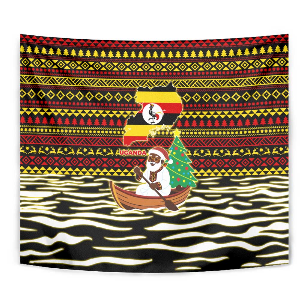 Uganda Christmas Tapestry with Santa in Canoe Christmas Tree Uganda Map Flag and Black Red Yellow Tribal Pattern Design - Wonder Print Shop