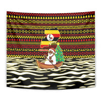 Uganda Christmas Tapestry with Santa in Canoe Christmas Tree Uganda Map Flag and Black Red Yellow Tribal Pattern Design - Wonder Print Shop