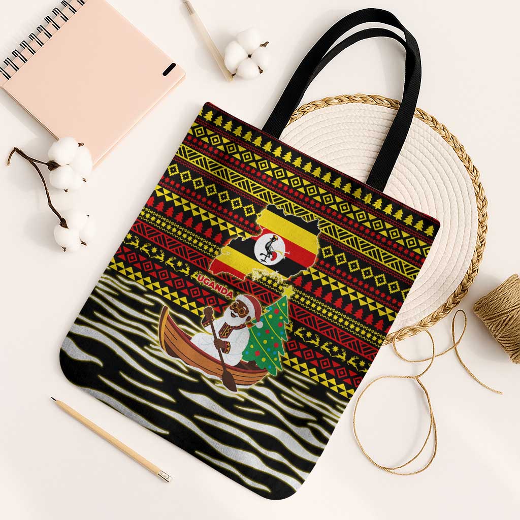 Uganda Christmas Tote Bag with Santa in Canoe Christmas Tree Uganda Map Flag and Black Red Yellow Tribal Pattern Design - Wonder Print Shop