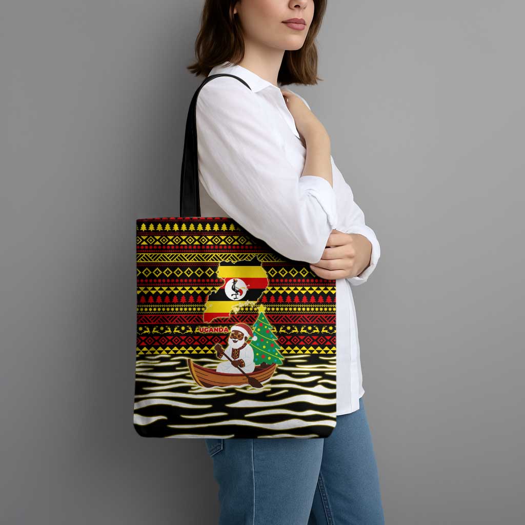 Uganda Christmas Tote Bag with Santa in Canoe Christmas Tree Uganda Map Flag and Black Red Yellow Tribal Pattern Design - Wonder Print Shop