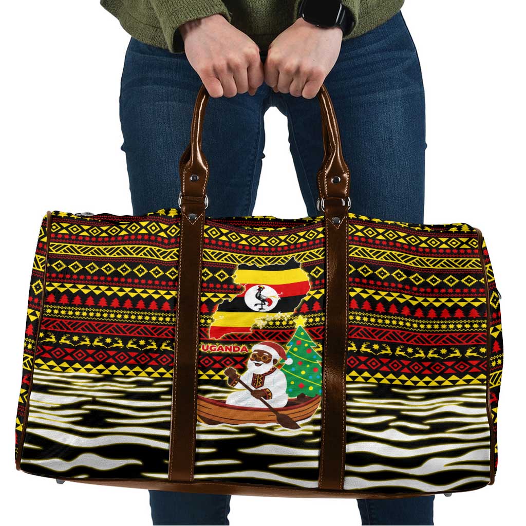 Uganda Christmas Travel Bag with Santa in Canoe Christmas Tree Uganda Map Flag and Black Red Yellow Tribal Pattern Design - Wonder Print Shop
