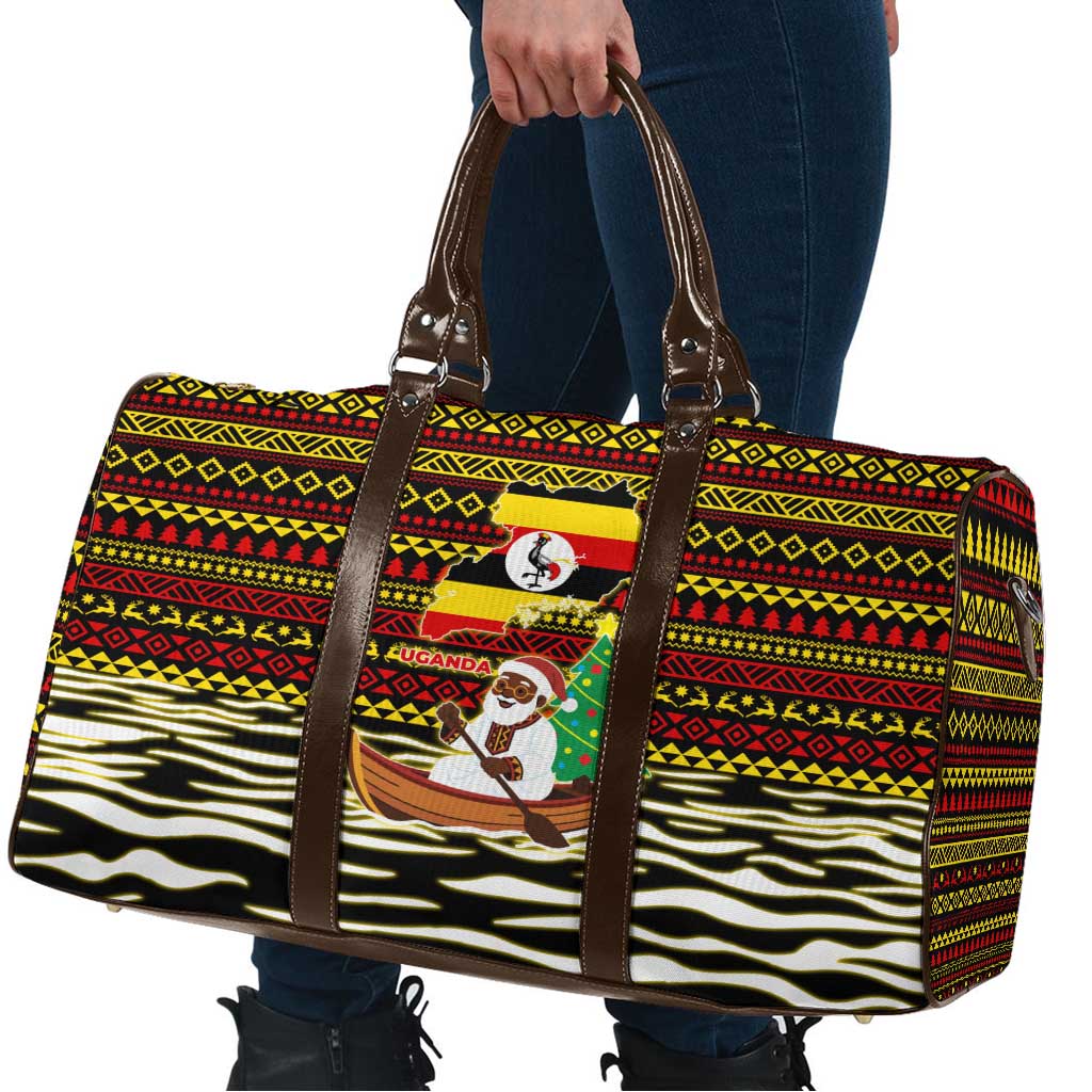 Uganda Christmas Travel Bag with Santa in Canoe Christmas Tree Uganda Map Flag and Black Red Yellow Tribal Pattern Design - Wonder Print Shop