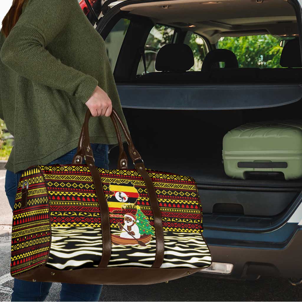 Uganda Christmas Travel Bag with Santa in Canoe Christmas Tree Uganda Map Flag and Black Red Yellow Tribal Pattern Design - Wonder Print Shop