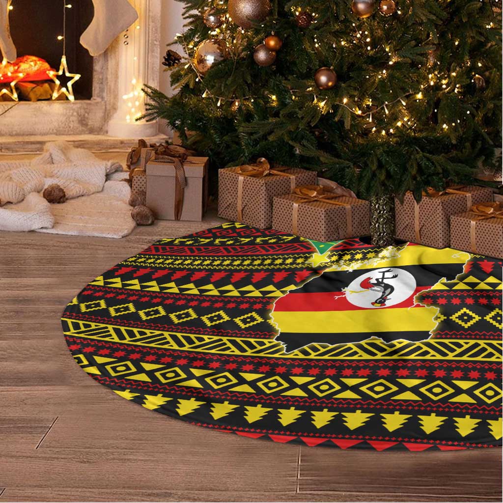 Uganda Christmas Tree Skirt with Santa in Canoe Christmas Tree Uganda Map Flag and Black Red Yellow Tribal Pattern Design - Wonder Print Shop