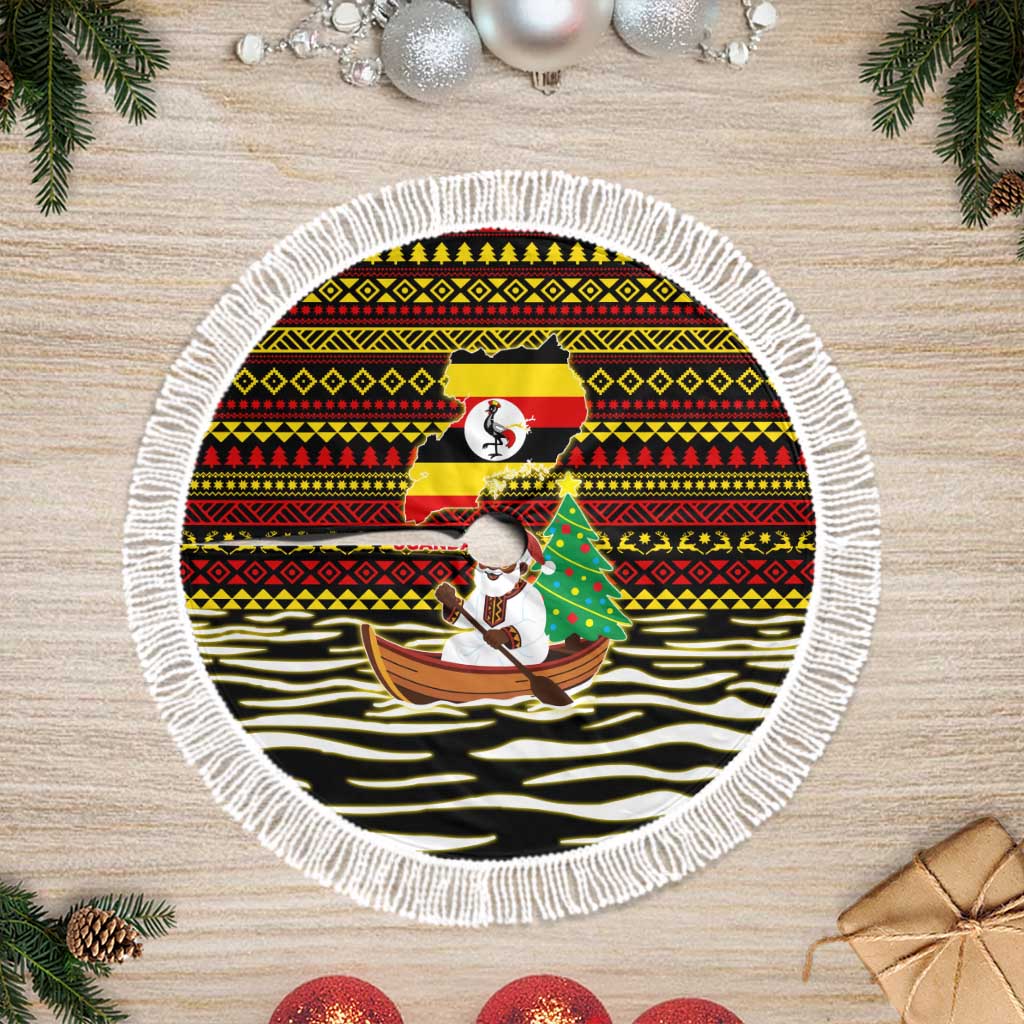 Uganda Christmas Tree Skirt with Santa in Canoe Christmas Tree Uganda Map Flag and Black Red Yellow Tribal Pattern Design - Wonder Print Shop