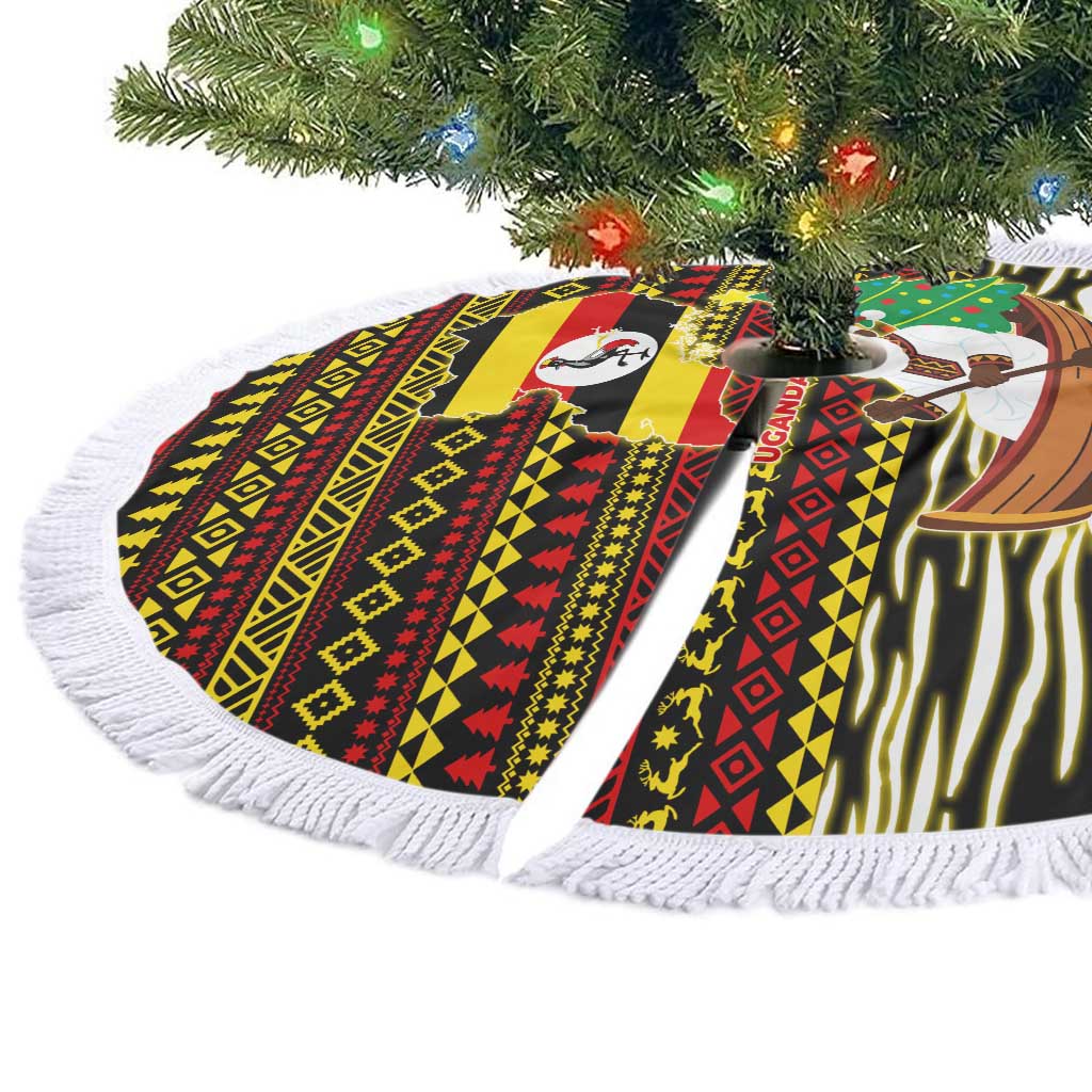 Uganda Christmas Tree Skirt with Santa in Canoe Christmas Tree Uganda Map Flag and Black Red Yellow Tribal Pattern Design - Wonder Print Shop