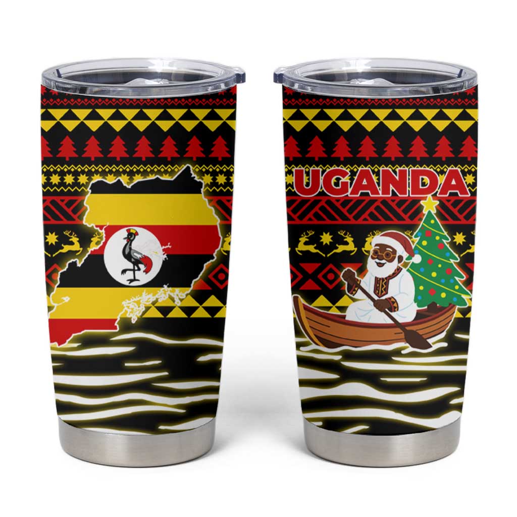 Uganda Christmas Tumbler Cup with Santa in Canoe Christmas Tree Uganda Map Flag and Black Red Yellow Tribal Pattern Design - Wonder Print Shop