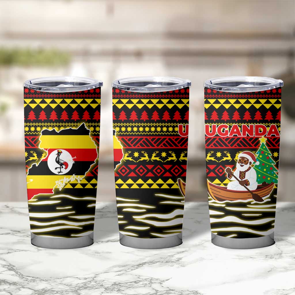 Uganda Christmas Tumbler Cup with Santa in Canoe Christmas Tree Uganda Map Flag and Black Red Yellow Tribal Pattern Design - Wonder Print Shop