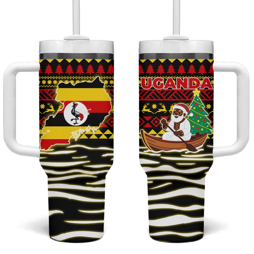 Uganda Christmas Tumbler With Handle with Santa in Canoe Christmas Tree Uganda Map Flag and Black Red Yellow Tribal Pattern Design - Wonder Print Shop