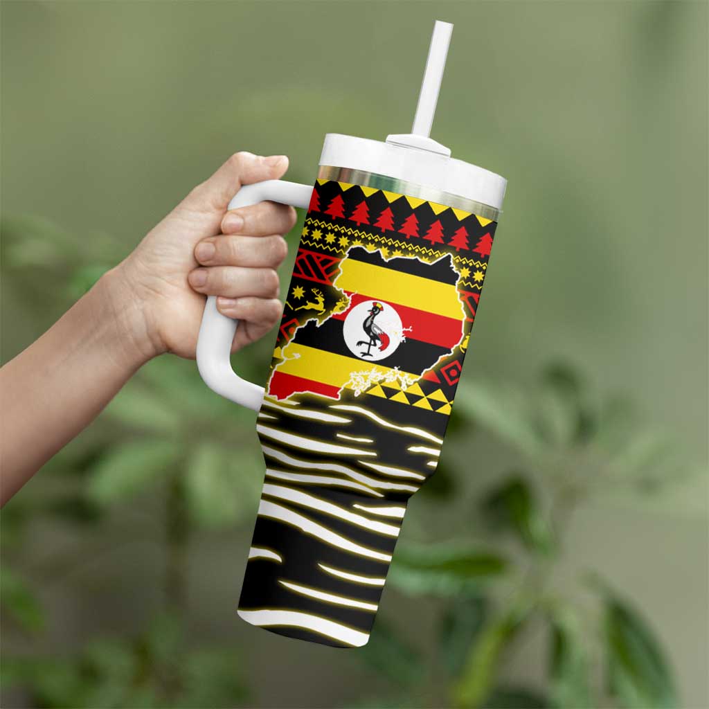 Uganda Christmas Tumbler With Handle with Santa in Canoe Christmas Tree Uganda Map Flag and Black Red Yellow Tribal Pattern Design - Wonder Print Shop
