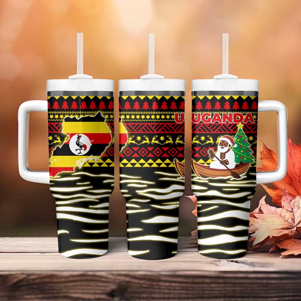 Uganda Christmas Tumbler With Handle with Santa in Canoe Christmas Tree Uganda Map Flag and Black Red Yellow Tribal Pattern Design - Wonder Print Shop