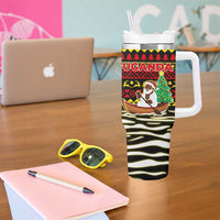 Uganda Christmas Tumbler With Handle with Santa in Canoe Christmas Tree Uganda Map Flag and Black Red Yellow Tribal Pattern Design - Wonder Print Shop