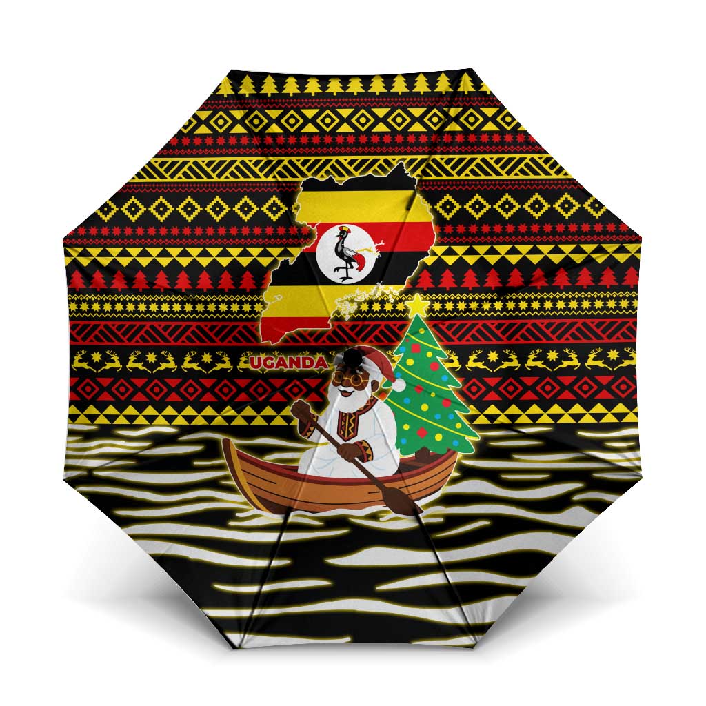 Uganda Christmas Umbrella with Santa in Canoe Christmas Tree Uganda Map Flag and Black Red Yellow Tribal Pattern Design - Wonder Print Shop