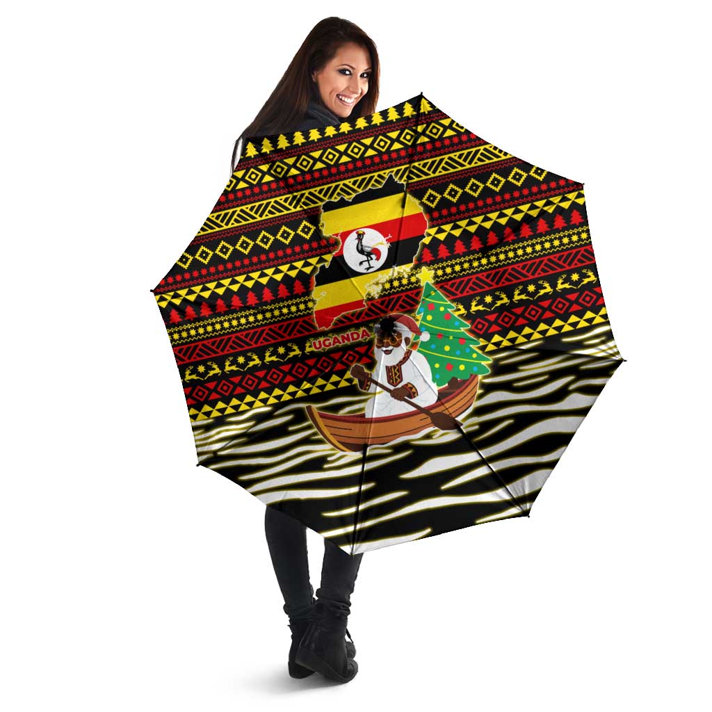 Uganda Christmas Umbrella with Santa in Canoe Christmas Tree Uganda Map Flag and Black Red Yellow Tribal Pattern Design - Wonder Print Shop