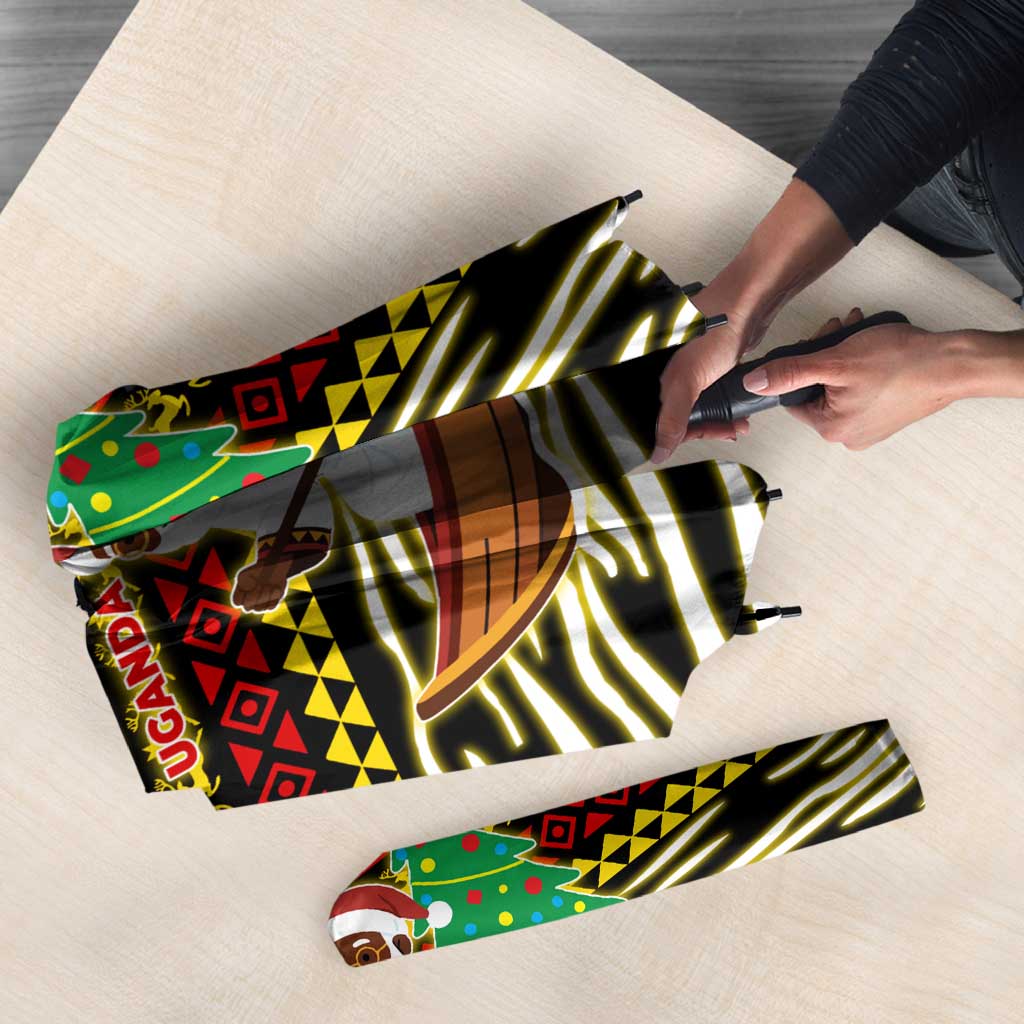 Uganda Christmas Umbrella with Santa in Canoe Christmas Tree Uganda Map Flag and Black Red Yellow Tribal Pattern Design - Wonder Print Shop