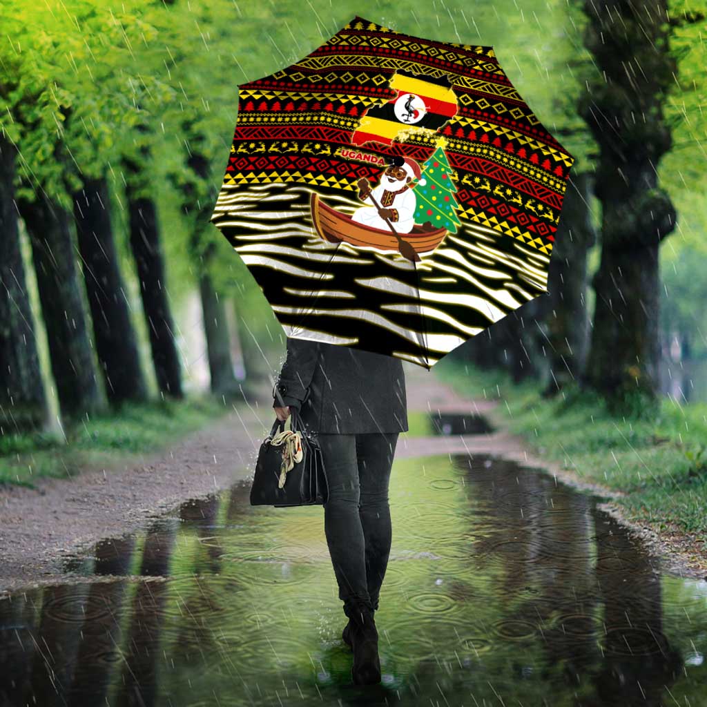 Uganda Christmas Umbrella with Santa in Canoe Christmas Tree Uganda Map Flag and Black Red Yellow Tribal Pattern Design - Wonder Print Shop